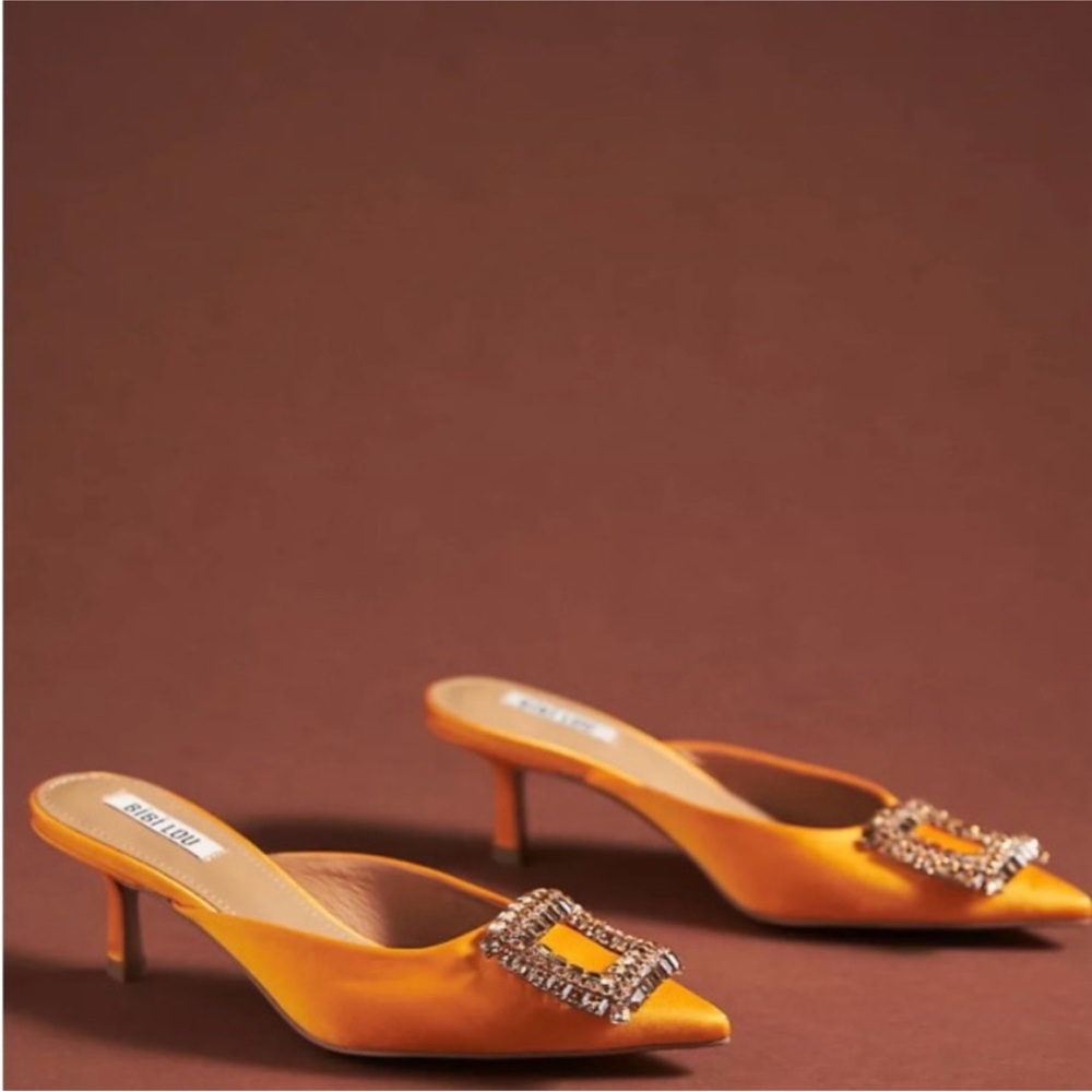Bibi Lou Orange Kitten Heels with Crystal Embellishments